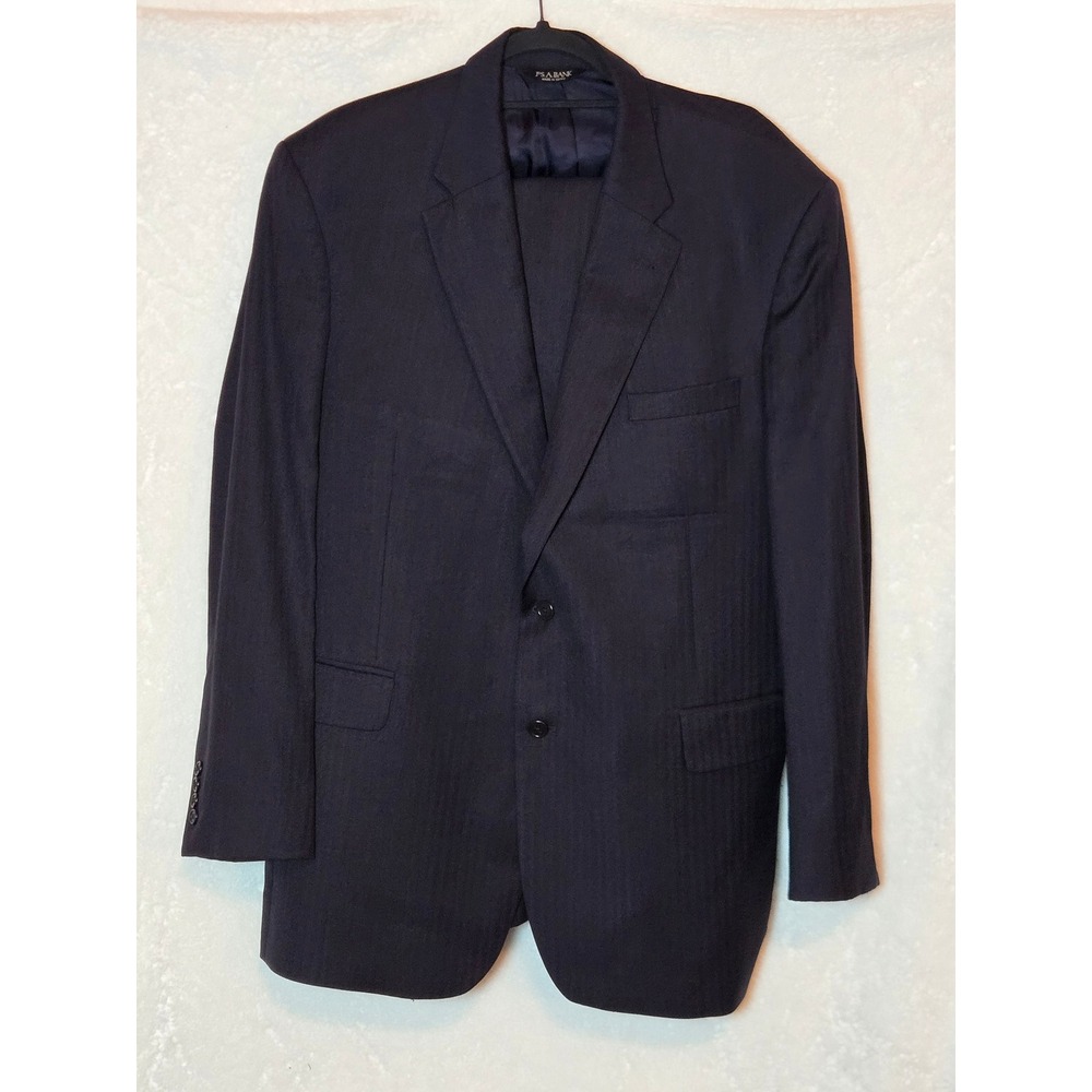 Jos A Bank Mens Navy Blue Herringbone 100% Wool Suit 46L 38x32 Pleated Cuffed